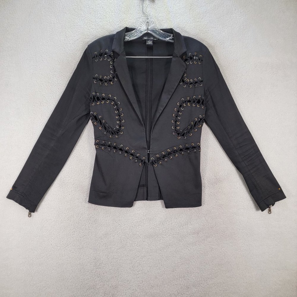 Caribbean Queen Black Cut Out Lace Up Slim Shoulder Pads Unique Blazer Coat
